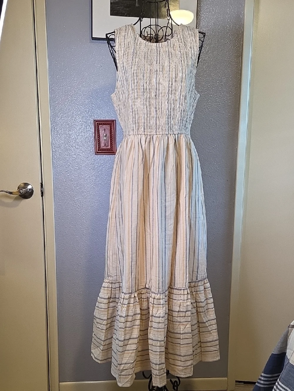 Allie Smocked Mixed Stripe Sleeveless Cotton Ruffled Midi Dress - Picture 3 of 7
